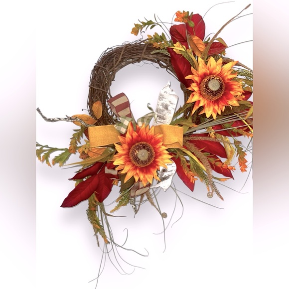 Sunflower Foilage and Bow Large Hanging Fall Wreath for Door or Wall Home Decor - Picture 2 of 13